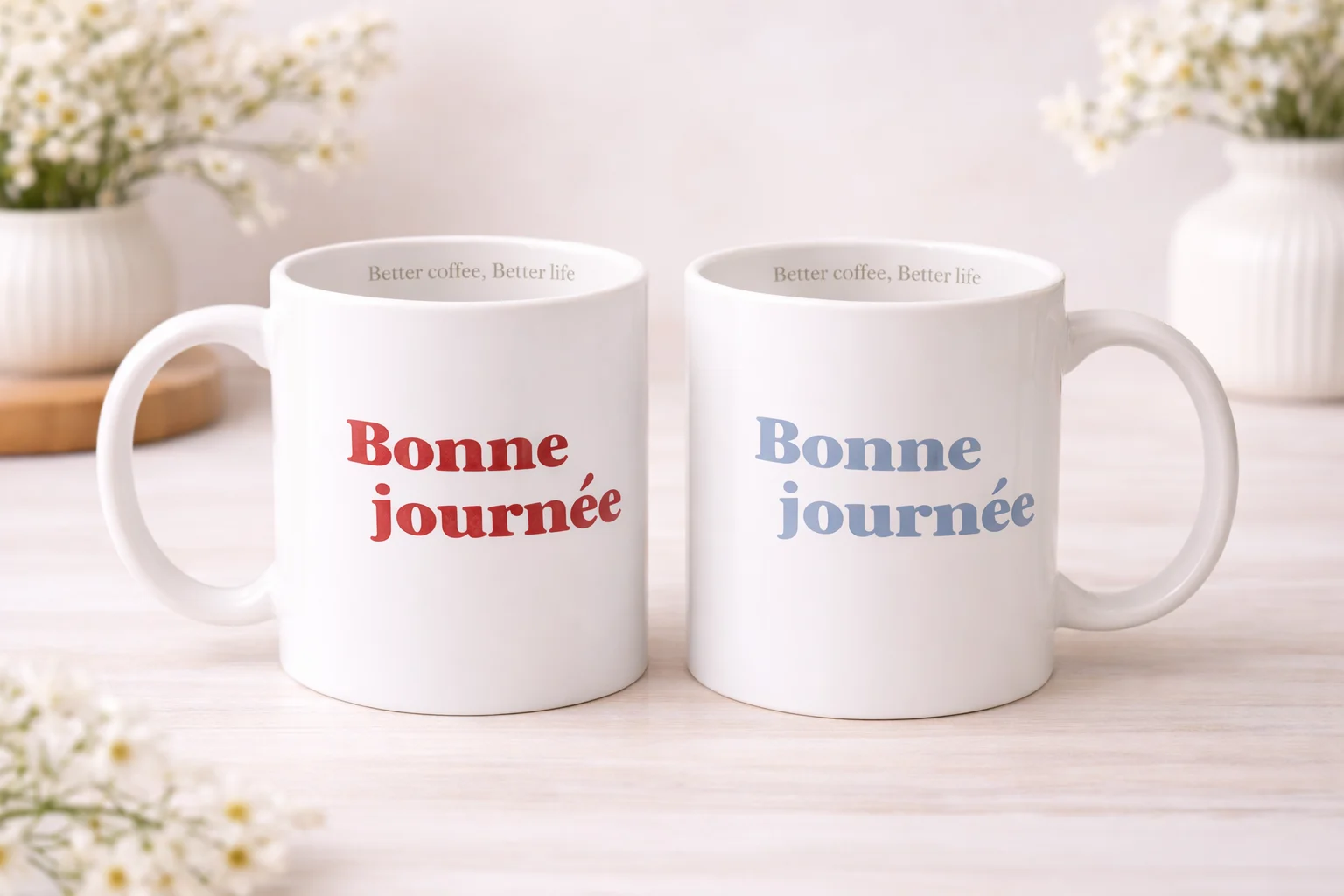 Ly sứ trắng in chữ "Bonne journée"