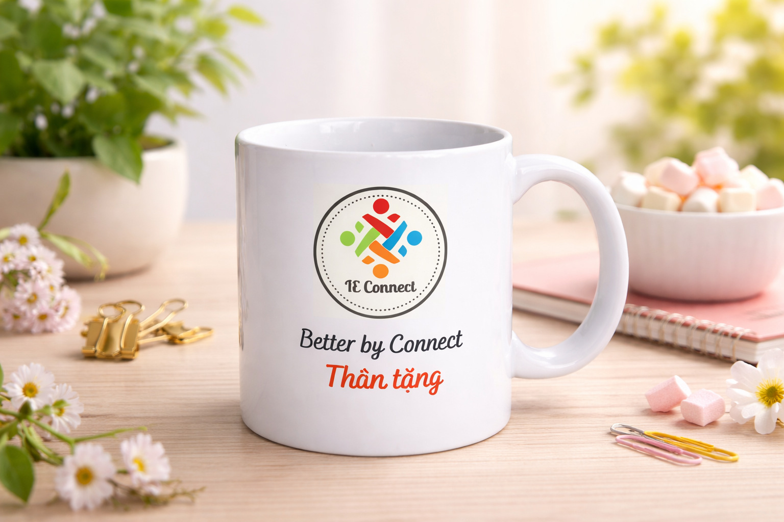 Ly sứ trắng quai tròn in logo IE Connect