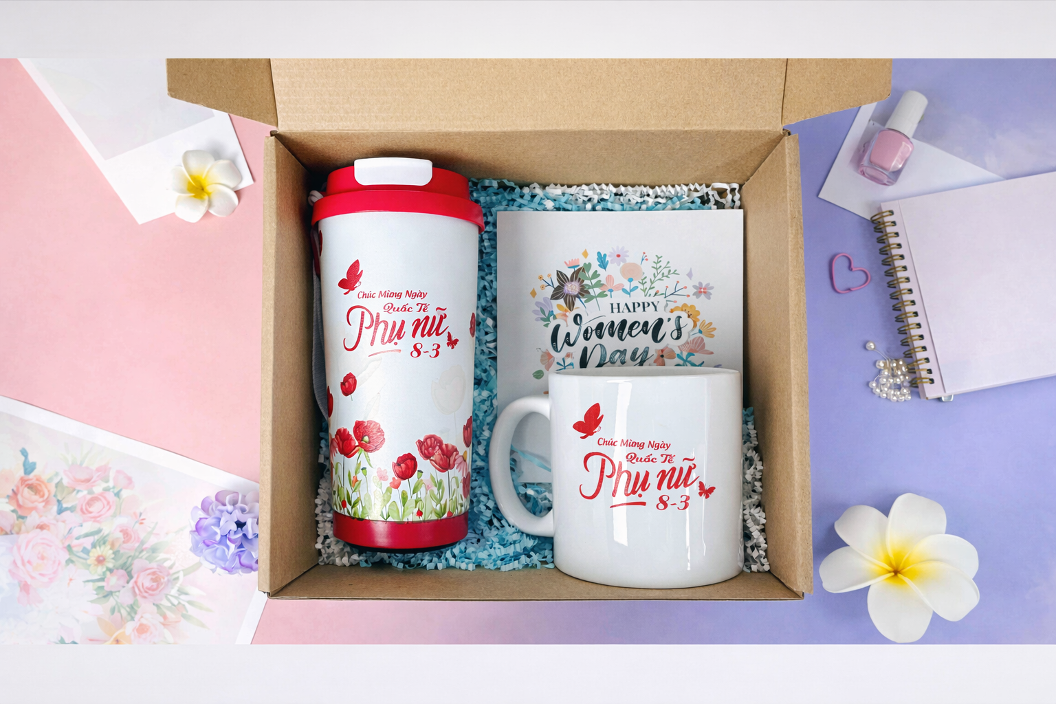 Set quà tặng bao gồm bình giữ nhiệt và ly sứ in họa tiết cao cấp